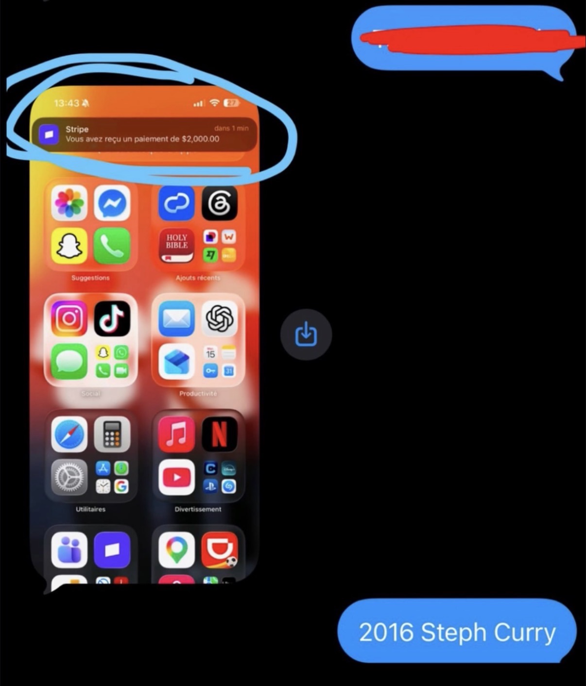 Stripe notification of a $2,000 payment received