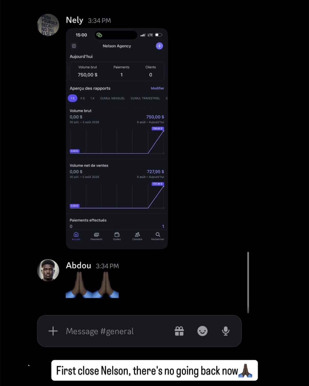 Student's first close showing $750 in payment volume